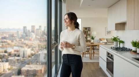 A young professional looking out from a bright Calgary apartment