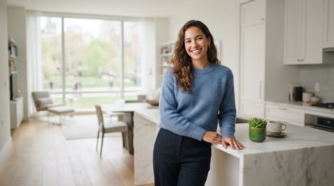 A young professional woman looking relaxed and confident in a bright, modern apartment.
