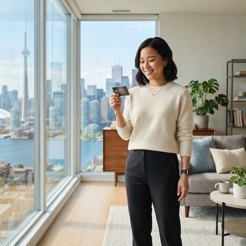 A young professional holding a credit card in a modern condo