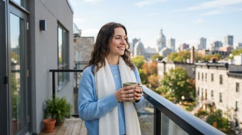 A young woman relaxing on a sunny Montreal apartment balcony