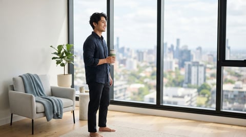 A man looking out of his bright urban condo window with a coffee mug