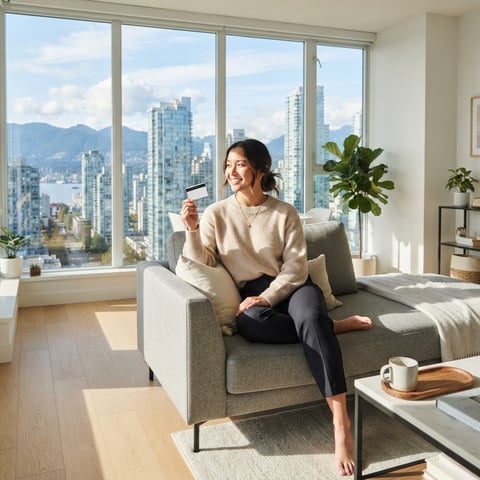 Person relaxing in a bright modern apartment with a payment card