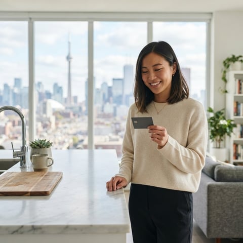 Young professional smiling while holding a credit card in a bright apartment