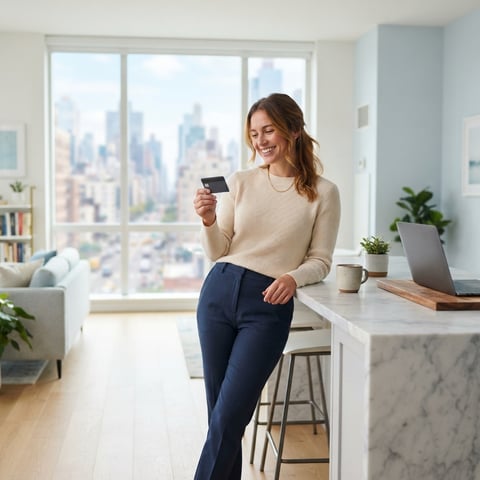 A young woman smiling in a modern apartment holding a credit card