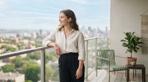 Young professional relaxing on a modern balcony in Montreal