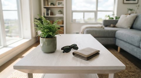 Minimalist items on a bright condo coffee table
