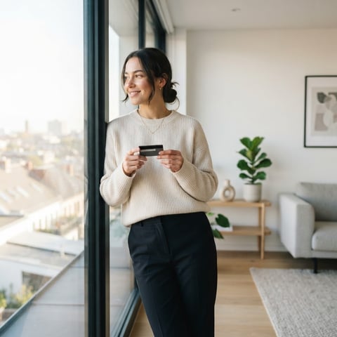 Young professional holding a credit card in a sunlit apartment