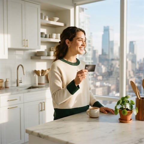 Young professional holding a payment card in a sunlit kitchen