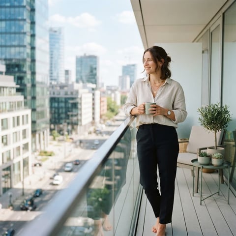 A young professional holding a green mug on an urban balcony