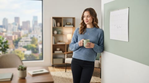 A young woman standing in a bright home office looking at a calendar