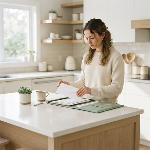 Person organizing documents in a bright modern kitchen