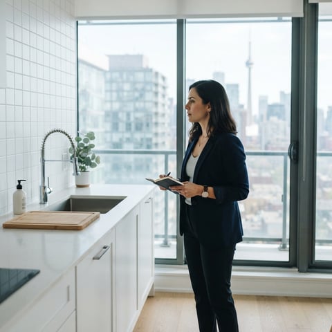 Landlord inspecting a modern apartment kitchen