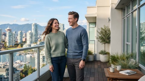 A young couple relaxing on a bright condo balcony