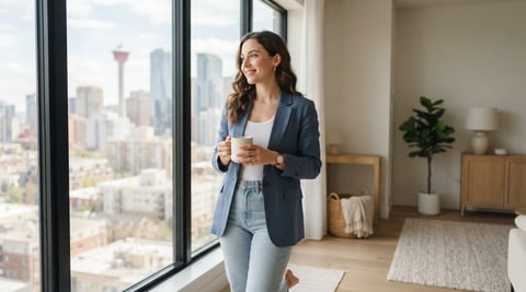 A young woman smiling in a bright modern Calgary apartment
