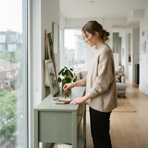 Person placing keys on a minimalist console table