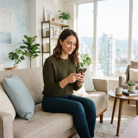A happy tenant relaxing at home while using their smartphone
