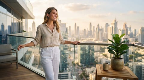 A happy young professional standing on a bright city balcony