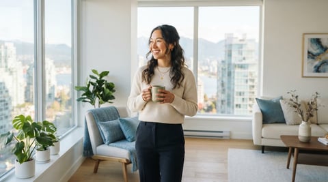 A happy young professional relaxing in a modern condo
