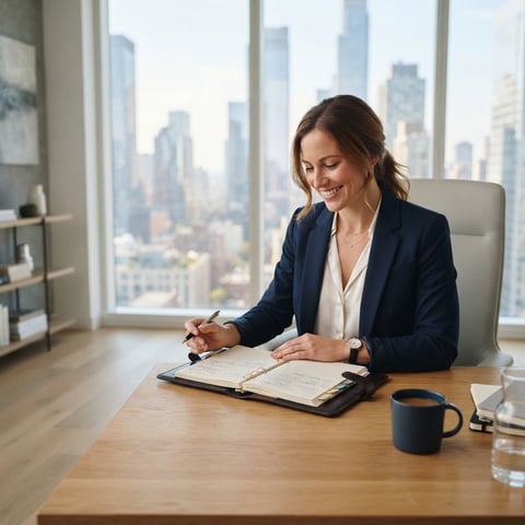 Landlord reviewing property management notes in a bright office