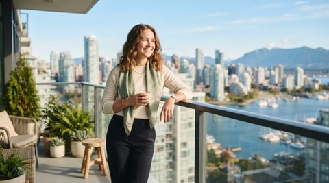 A young professional standing on a sunny apartment balcony