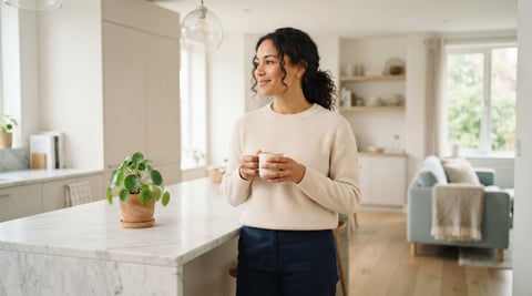 Young professional feeling calm and satisfied in a bright modern apartment