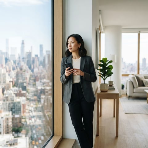 A young professional looking calm and thoughtful in a modern apartment
