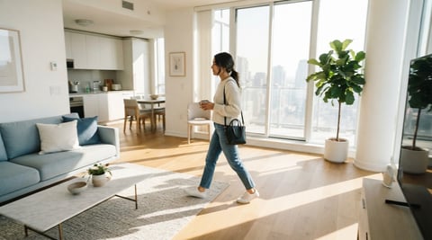A young professional walking confidently through a bright modern condo
