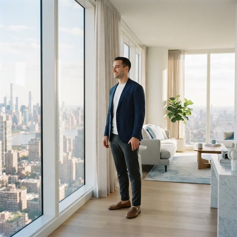 A person relaxed in a modern apartment overlooking the city