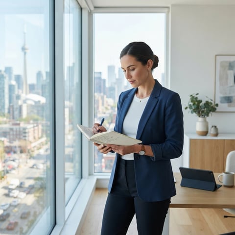 Property manager reviewing notes in a modern office