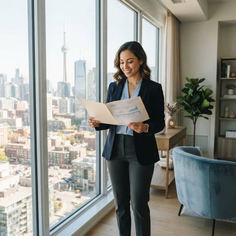 A young professional organizing housing documentation in a bright modern apartment