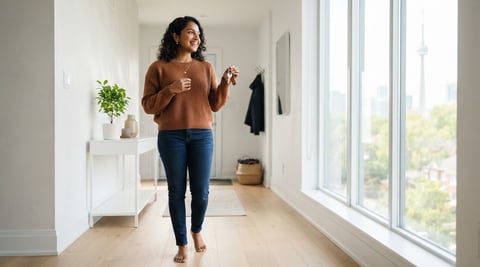 New immigrant holding keys in a bright apartment