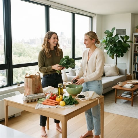 Two roommates talking in a bright modern apartment