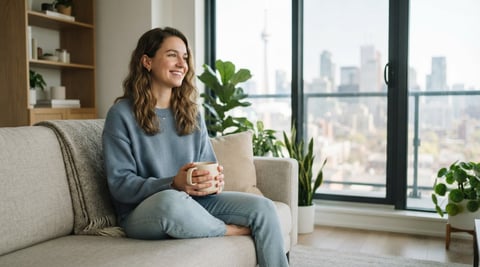 A happy tenant relaxing in a modern sunlit condo apartment