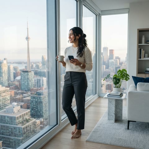 Professional relaxing in a modern apartment looking at city view