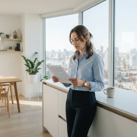A young professional reviewing a lease agreement in a modern apartment
