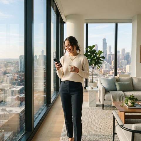 Young professional in a modern apartment looking at their phone