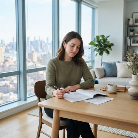 Young professional sitting at a dining table reviewing a rental document in a modern apartment