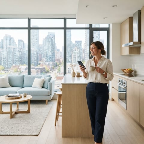 Landlord relaxing in a bright modern condo apartment