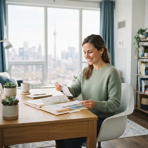 Landlord organizing receipts in a bright modern home office
