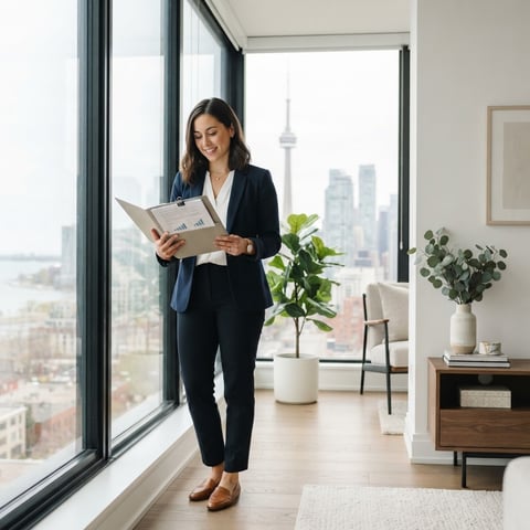 Young professional holding rental document in a bright apartment
