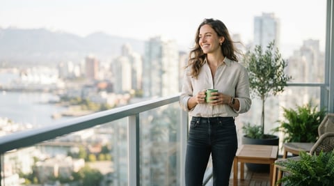 A happy renter enjoying a morning coffee on their condo balcony