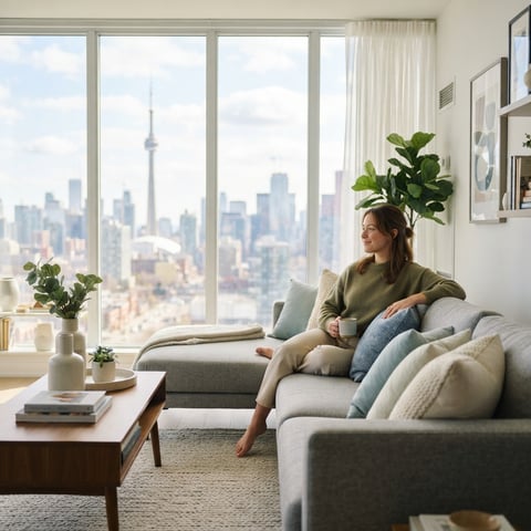 A woman relaxing in a bright modern apartment