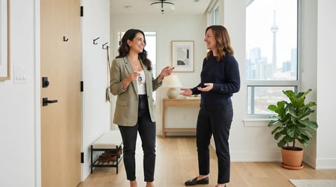Two people having a friendly conversation in a modern apartment foyer