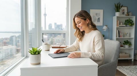 Young homeowner feeling organized in a bright minimalist home office