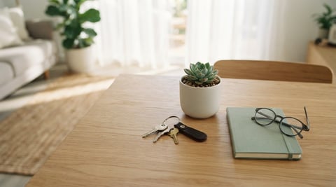 Organized keys and notebook on a bright apartment table