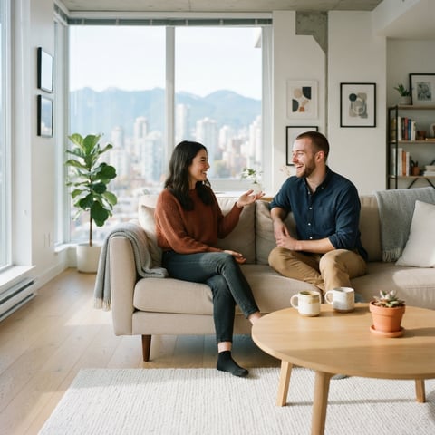Two roommates talking in a bright modern apartment