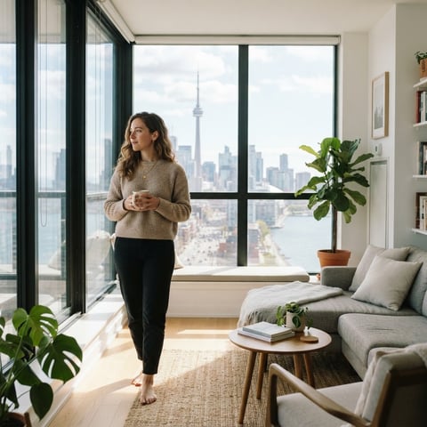 A young person feeling relaxed in a bright modern apartment