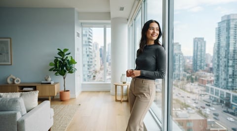 A happy tenant standing in a sunlit modern apartment