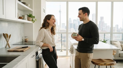 Two roommates smiling in a bright modern kitchen