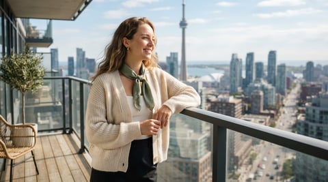 A young professional woman enjoying the view from her apartment balcony